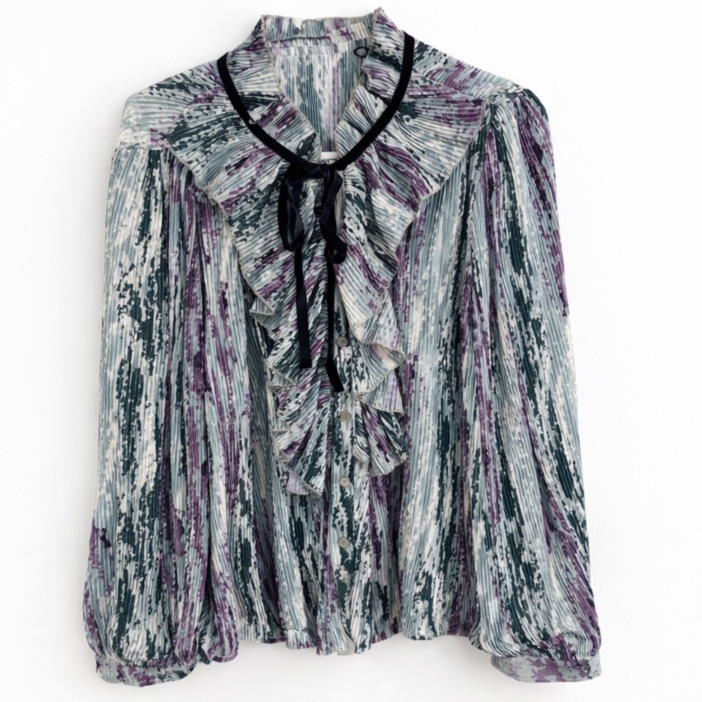 Sage + Fig Pleated Ruffled Tie-Neck Blouse in Purple and Gray